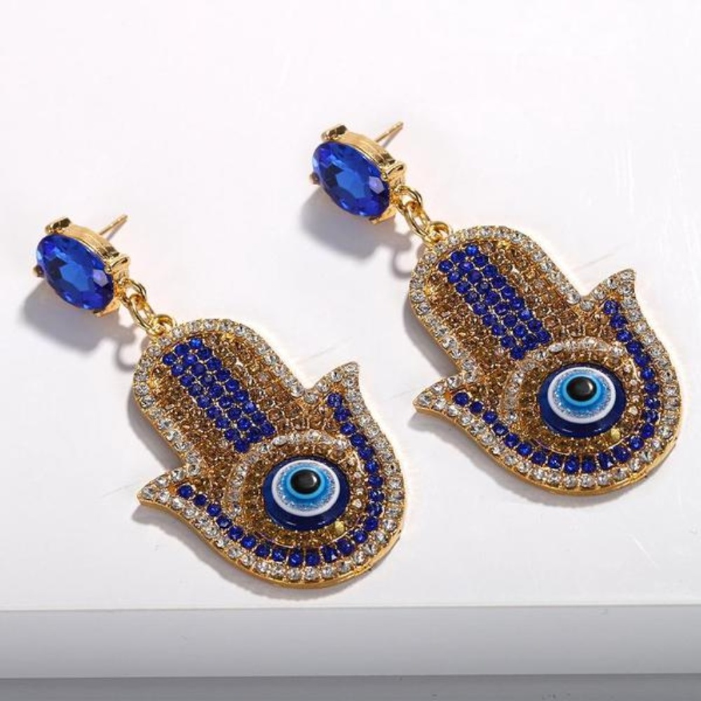 Hamsa Evil Eye Drop Earrings- Blue